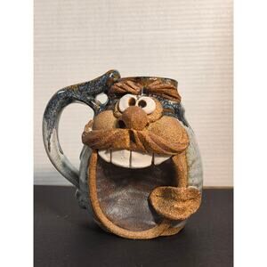 Studio Pottery Face Mug Signed M2 Grotesque Folk Art Ceramic Hand Built